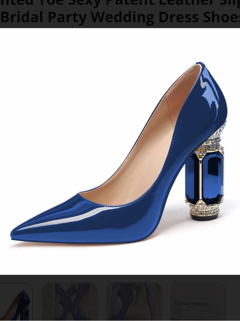 Women's Blue Patent Pointed Pump with Jewel-Embellished Block Heel